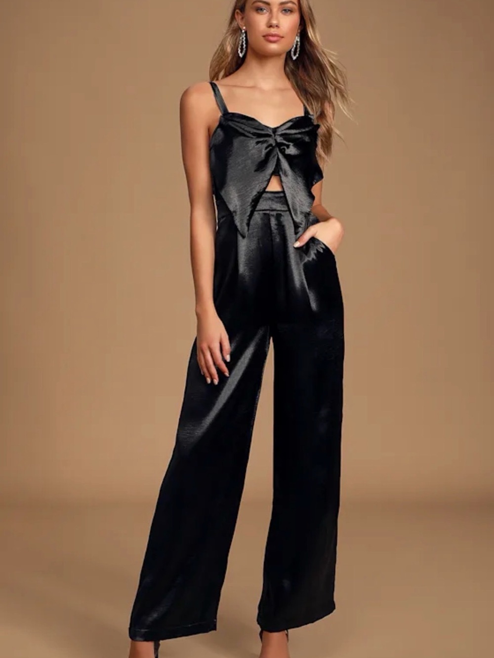 Lulu's Black Satin Tie-Front Wide Leg Jumpsuit